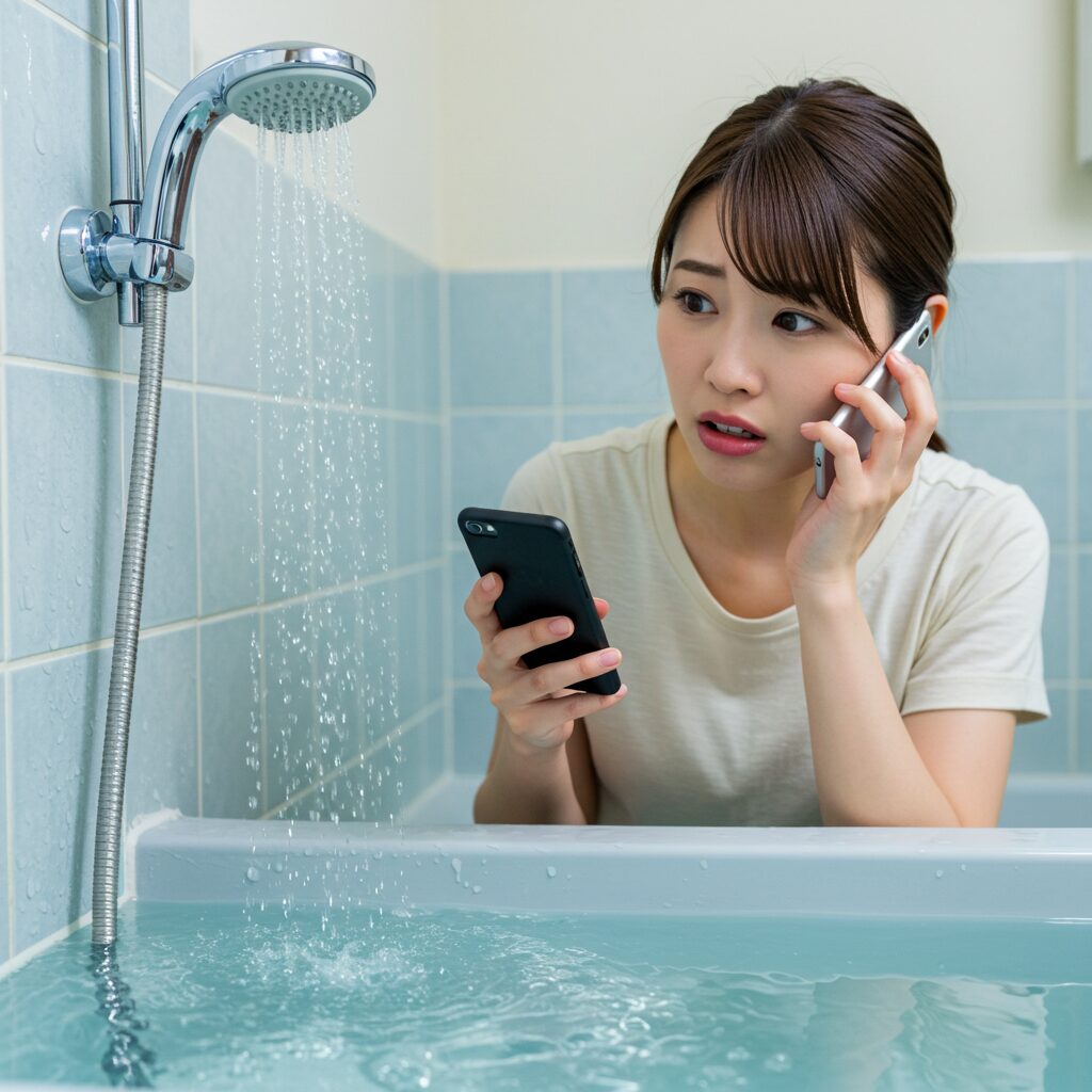 お風呂周辺の交換部品を説明シています。蛇口シャワーの混合栓や根本、シャワーホース、シャワーヘッド、カラン蛇口の吐水口、排水口周り、浴槽のエプロン内部やカバーの中が対象です