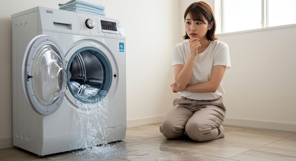 洗面所と洗濯機まわりの水漏れが発生しやすい部品をわかりやすく説明してます。蛇口、シャワーホース、排水口、排水トラップ、給水管、収納内部の配管が交換対象です