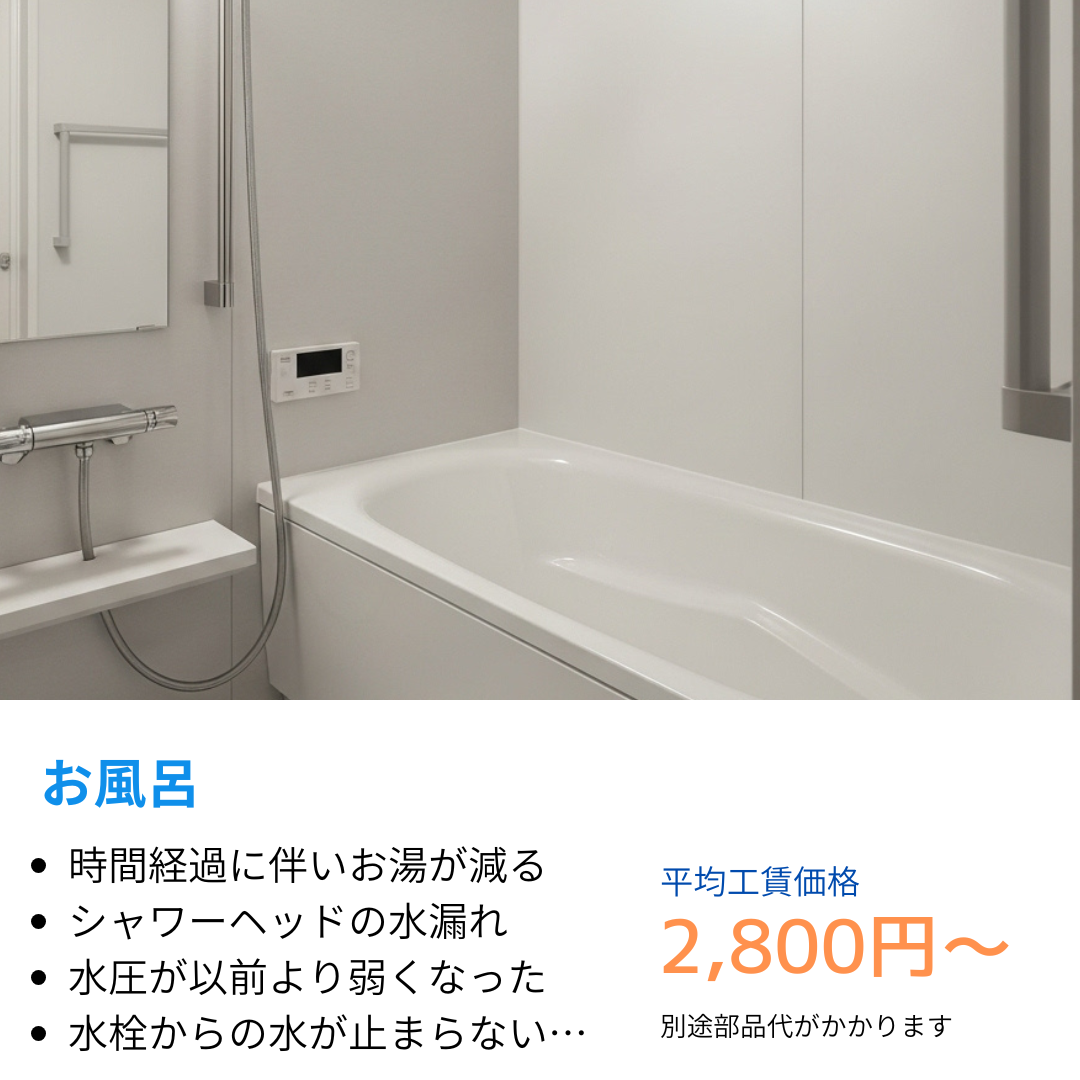 お風呂場のシャワーヘッドの水漏れ、時間の経過に伴いお湯が減る、水圧が以前より弱い、水栓の水が止まらない