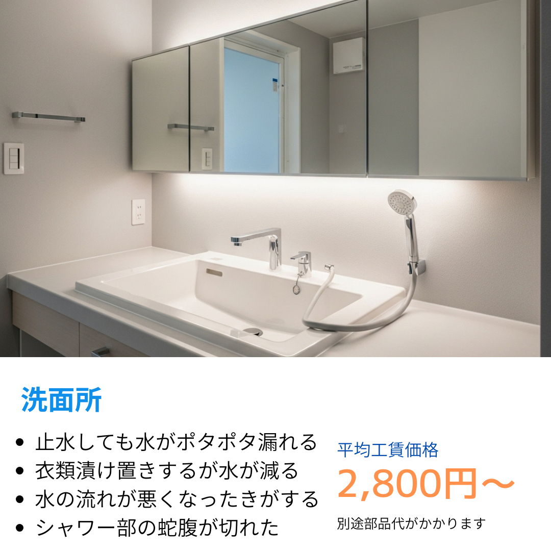 洗面所の蛇口を止めてもポタポタ漏れる、衣類の漬け置きしても水がなくなる、水の排水が悪くなた気がする、シャワーの蛇腹が切れて水漏れ